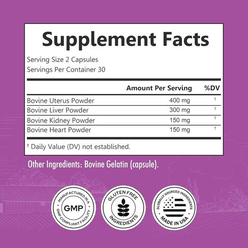 BioSchwartz Primal Beef Organ Supplement for Women - 60 Capsules - Grass-Fed & Pasture-Raised - Supports Healthy Hair Skin and Nails, Hormone Balance - with Bovine Liver, Kidney, Heart, Uterus Powder in Kuwait