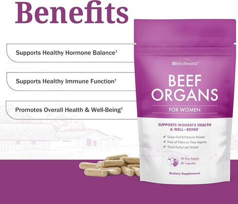 BioSchwartz Primal Beef Organ Supplement for Women - 60 Capsules - Grass-Fed & Pasture-Raised - Supports Healthy Hair Skin and Nails, Hormone Balance - with Bovine Liver, Kidney, Heart, Uterus Powder in Kuwait