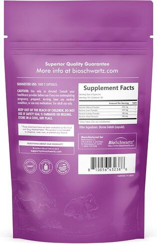 BioSchwartz Primal Beef Organ Supplement for Women - 60 Capsules - Grass-Fed & Pasture-Raised - Supports Healthy Hair Skin and Nails, Hormone Balance - with Bovine Liver, Kidney, Heart, Uterus Powder in Kuwait