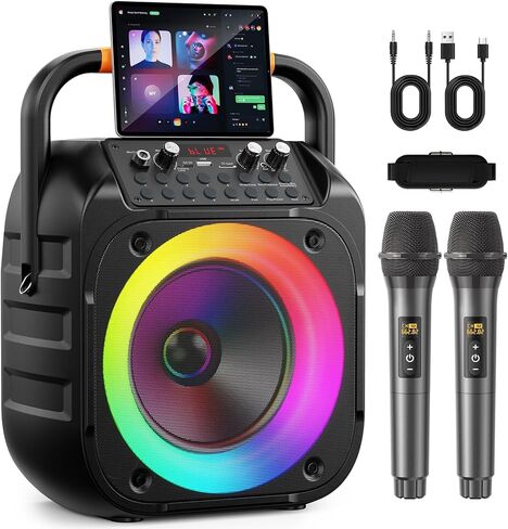 Karaoke Machine for Adults, Portable Bluetooth Karaoke Speaker with 2 Wireless Microphones, Echo Adjustment, LED Lights, PA System with 6.5" Subwoofer, Support TV/AUX/USB/TF Card (Black) in Kuwait