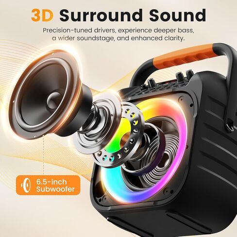 Karaoke Machine for Adults, Portable Bluetooth Karaoke Speaker with 2 Wireless Microphones, Echo Adjustment, LED Lights, PA System with 6.5" Subwoofer, Support TV/AUX/USB/TF Card (Black) in Kuwait