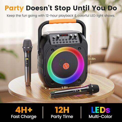 Karaoke Machine for Adults, Portable Bluetooth Karaoke Speaker with 2 Wireless Microphones, Echo Adjustment, LED Lights, PA System with 6.5" Subwoofer, Support TV/AUX/USB/TF Card (Black) in Kuwait