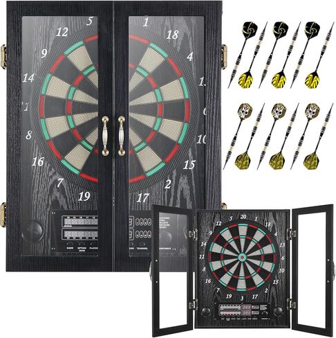لوح رمي السهام الإلكتروني، مجموعة خزانة لوحة رمي السهام المزخرفة للبالغين [12 * سهام ذات أطراف ناعمة برونزية] [وضع لعبة الكريكيت] - خزانة لوح رمي السهام الكهربائية الخشبية - نافذة in Kuwait