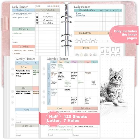 ADHD A5 Planner Refill Pages Planner Inserts Daily Weekly Monthly 120 Sheets/240 pages for 6 Ring Binder Undated Planners Refills Colorful To Do List Refill Paper 120 GSM Thick Loose Leaf Paper 6-Hole Punched for 3 Months Neurodivergent Journal Productivi in Saudi Arabia