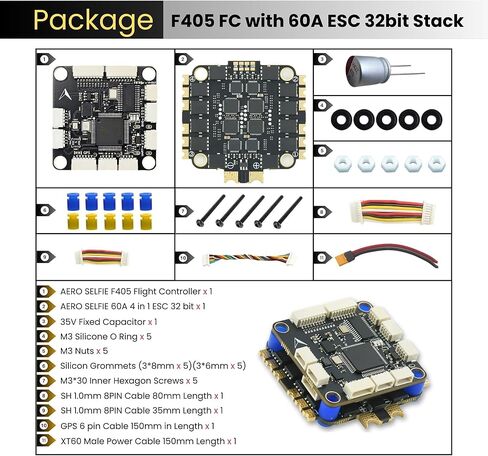 AERO SELFIE F405 Flight Controller with 60A 32 bit ESC 30x30 Stack: Supports 2-6S LiPo, O3,O4 Dual BEC, Compatible with Betaflight for FPV & Racing Drones in Kuwait