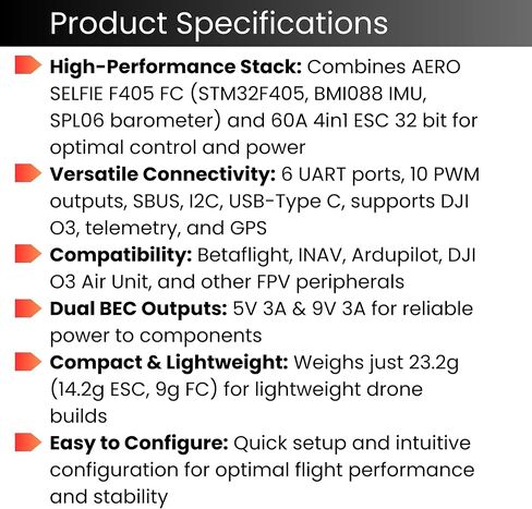 AERO SELFIE F405 Flight Controller with 60A 32 bit ESC 30x30 Stack: Supports 2-6S LiPo, O3,O4 Dual BEC, Compatible with Betaflight for FPV & Racing Drones in Kuwait