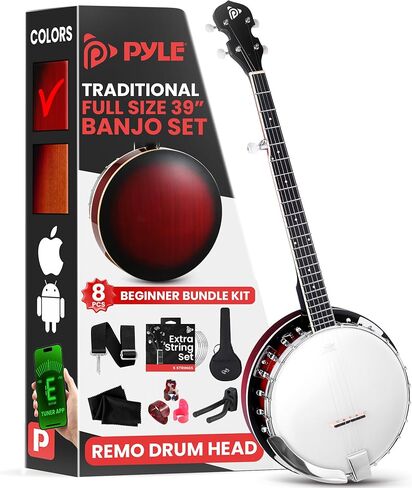 Pyle Banjo Kit with Remo Head and Sapele Resonator, 39" Full Size Traditional Open or Closed Back 5 String Instrument with 24 Brackets, Geared 5th Tuner Peg, and Premium Accessory Kit, Red Burst in Saudi Arabia