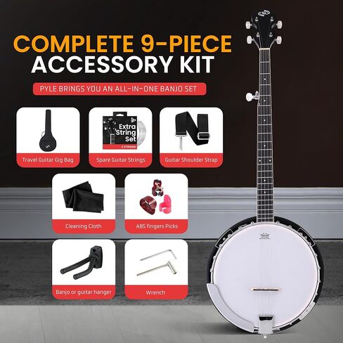 Pyle Banjo Kit with Remo Head and Sapele Resonator, 39" Full Size Traditional Open or Closed Back 5 String Instrument with 24 Brackets, Geared 5th Tuner Peg, and Premium Accessory Kit, Red Burst in Saudi Arabia