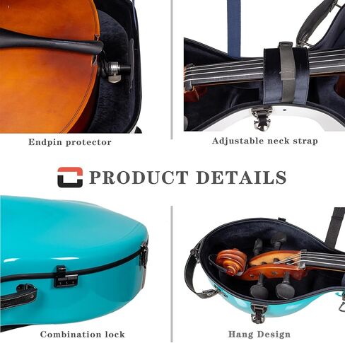 Crossrock Fiberglass 4/4 Cello Case with Wheels – Mint Blue Finish, Grey Velvet Interior, Lock, Music Pouch – Hardshell Travel Case (CRF2020CEFMB) in Saudi Arabia