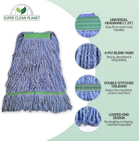 Super Clean Planet Heavy Duty Mop Head Refill (3-Pack) – Industrial Blue Cotton, Looped-End Wet Mop Heads for General, Commercial, Janitorial & Floor Cleaning in Saudi Arabia