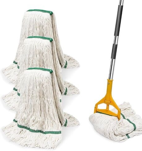 3 عبوات من رؤوس استبدال الممسحة الصناعية التجارية شديدة التحمل مع مقبض طويل 48 بوصة، سلسلة ذات نهاية ملفوفة 20 أونصة مماسح قطنية مبللة قابلة لإعادة التعبئة للمنزل والمرآب والمكتب والمطبخ in Kuwait
