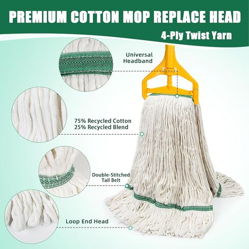 3 عبوات من رؤوس استبدال الممسحة الصناعية التجارية شديدة التحمل مع مقبض طويل 48 بوصة، سلسلة ذات نهاية ملفوفة 20 أونصة مماسح قطنية مبللة قابلة لإعادة التعبئة للمنزل والمرآب والمكتب والمطبخ in Kuwait