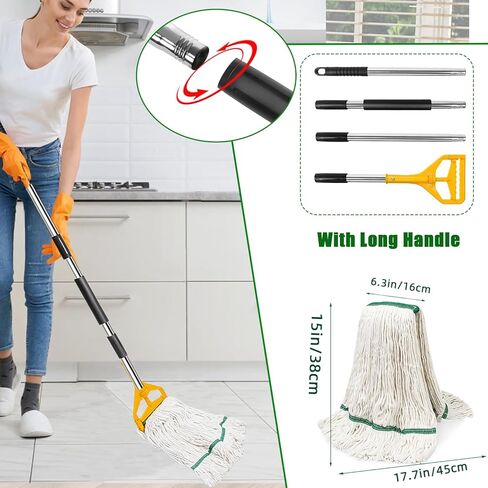3 عبوات من رؤوس استبدال الممسحة الصناعية التجارية شديدة التحمل مع مقبض طويل 48 بوصة، سلسلة ذات نهاية ملفوفة 20 أونصة مماسح قطنية مبللة قابلة لإعادة التعبئة للمنزل والمرآب والمكتب والمطبخ in Kuwait