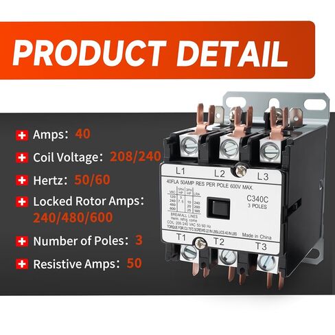 Upgraded 3 Pole 40 Amp Contactor 240V Coil C340C Contactor Compatible with Packard GE Fasco Gemline, C340C 3 Pole 40 Amp 208/240 Volt Contactor Replace TMX340C2 3m40c 453AD3BBB GDP4032 in Kuwait
