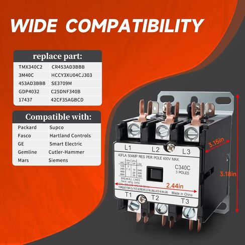 Upgraded 3 Pole 40 Amp Contactor 240V Coil C340C Contactor Compatible with Packard GE Fasco Gemline, C340C 3 Pole 40 Amp 208/240 Volt Contactor Replace TMX340C2 3m40c 453AD3BBB GDP4032 in Kuwait