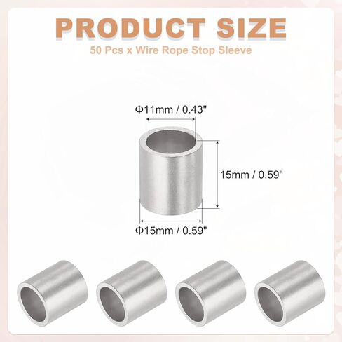 uxcell 3/8"(10mm) Aluminum Crimping Loop Sleeve, Wire Rope Stop Sleeve Round Crimp Ferrules for Wire Rope and Cable Ferrule, Silver 50Pcs in Saudi Arabia