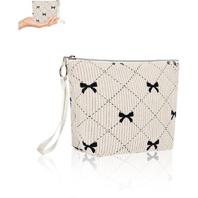 Bow Period Bag for Teen Girls, Corduroy Cute Sanitary Napkin Storage Bag with Wristlet, Menstrual Pad Pouch Tampon Holder for Backpack (Beige) in Kuwait