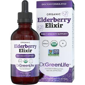 دكتور جرين موم إكسير نبات البلسان العضوي للرضع والأطفال الصغار والأطفال والبالغين - شراب نبات البيلسان السامبوكوس نيجرا - قطرات مكملة يومية لدعم المناعة in Kuwait