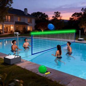 Pool Volleyball Net Set with High Brightness LED Solar Powered Lights, 15ft-32ft Adjustable Portable Volleyball Net with 40L Weighted Base for Inground Pools, 2 Ball & Pump for Family Fun, Party Games in Saudi Arabia