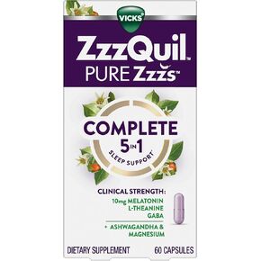 ZzzQuil Pure Zzzs Complete Sleep, Melatonin 10mg, L-Theanine, GABA, with Ashwagandha, and Magnesium, Melatonin Sleep Aid, 60 Count in Kuwait