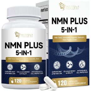 مكمل NMN 1000 مجم - مكمل NMNH البديل 5 في 1 NAD مع ريسفيراترول وأبيجينين وكيرسيتين والفلفل الأسود - يدعم الطاقة الخلوية والشيخوخة الصحية وطول العمر - 120 كبسولة نباتية in Kuwait