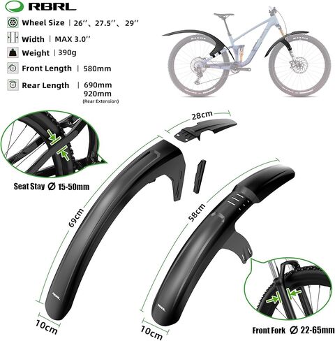 مجموعة حاجز الدراجة RBRL لدراجات MTB والدراجة الإلكترونية - واقيات الطين ذات التغطية الكاملة المتوافقة مع عجلات مقاس 27.5 بوصة / 29 بوصة حتى 3.0 بوصة - واقي رذاذ متين ضد الطين والماء - تركيب ثابت وخالي من الأدوات in Kuwait