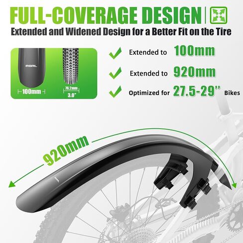 مجموعة حاجز الدراجة RBRL لدراجات MTB والدراجة الإلكترونية - واقيات الطين ذات التغطية الكاملة المتوافقة مع عجلات مقاس 27.5 بوصة / 29 بوصة حتى 3.0 بوصة - واقي رذاذ متين ضد الطين والماء - تركيب ثابت وخالي من الأدوات in Kuwait