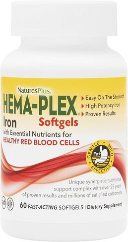 NaturesPlus Hema-Plex Iron - 60 كبسولة هلامية سريعة المفعول - 85 ملغ من الحديد + فيتامين C والبيوفلافونويد لخلايا الدم الحمراء الصحية - خالية من الغلوتين - 20 حصة in Kuwait