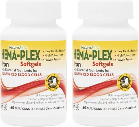 NaturesPlus Hema-Plex Iron - 60 كبسولة هلامية سريعة المفعول - 85 ملغ من الحديد + فيتامين C والبيوفلافونويد لخلايا الدم الحمراء الصحية - خالية من الغلوتين - 20 حصة in Kuwait