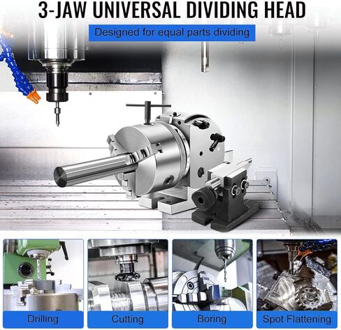 Precision 3-Jaw Chuck Dividing Head Set for Milling Machine, 4/5/6/8 Inch, 0-90° Rotary Table Tailstock, High Accuracy, 1:90 Reduction Ratio (8in/200mm) in Saudi Arabia
