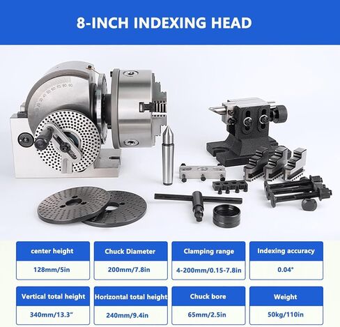 8" Precision Dividing Head Set with 3-Jaw Chuck for Milling Machines, 0-90° Rotary Table Tailstock, 1:90 Reduction Ratio, Ideal for Accurate Milling and Machining in Saudi Arabia