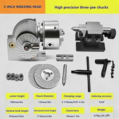 4in/5in/6in Dividing Head Milling Set with 3-Jaw Chuck & Tailstock, 1:40 Ratio, Includes 100mm, 125mm, 160mm Chucks for Precision Milling, Grinding & Drilling in Saudi Arabia