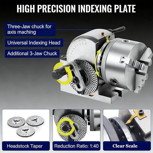 4in/5in/6in Dividing Head Milling Set with 3-Jaw Chuck & Tailstock, 1:40 Ratio, Includes 100mm, 125mm, 160mm Chucks for Precision Milling, Grinding & Drilling in Saudi Arabia