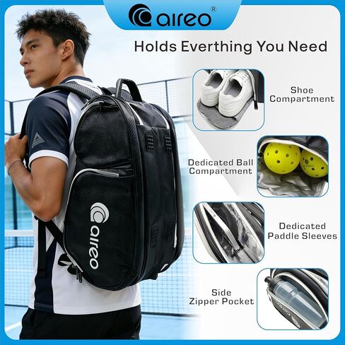 Aireo Black Pickleball Backpack with Shoe Compartment and Hook Strap,Large Pickleball Bag, Multi-Pocket Pickleball Gifts in Saudi Arabia