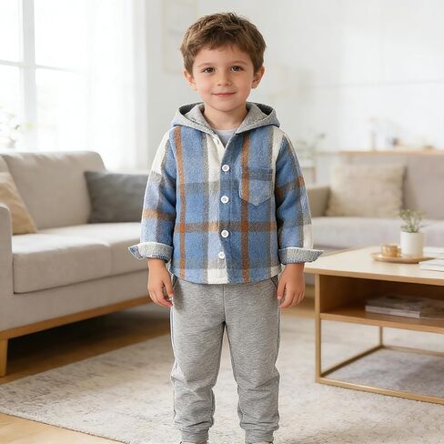 Yanmucy 2PCS Little Toddler Boys Sweatsuit Cotton Plaid Hoodies Shirt Tops + Pants Kids Spring Fall Winter Clothing Set in Kuwait