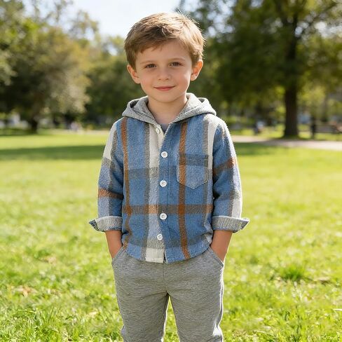 Yanmucy 2PCS Little Toddler Boys Sweatsuit Cotton Plaid Hoodies Shirt Tops + Pants Kids Spring Fall Winter Clothing Set in Kuwait