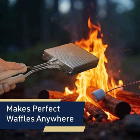 Waffle Maker for Stovetop or Campfire Cooking Equipment - Aluminum Flip Pan Belgian Waffle Iron with Handles - Portable Camping Toaster Great for Kitchen and Camping Cookware by Kings County Tools in Kuwait