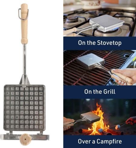 Waffle Maker for Stovetop or Campfire Cooking Equipment - Aluminum Flip Pan Belgian Waffle Iron with Handles - Portable Camping Toaster Great for Kitchen and Camping Cookware by Kings County Tools in Kuwait