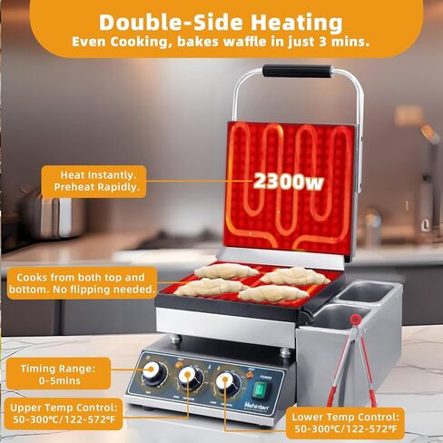 ماكينة صنع الوافل التجارية من Hehinton®، ماكينة صنع الوافل البلجيكية بقدرة 110 فولت 2300 وات مع أخاديد زيت وصينية تنقيط، هيكل من الفولاذ المقاوم للصدأ شديد التحمل، مكواة وافل غير لاصقة مثالية لمطعم المطبخ المنزلي in Kuwait