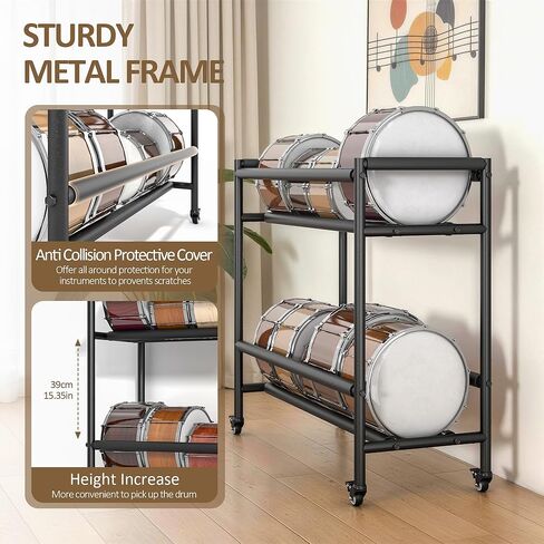 Snare Drum Rack Stand, 2 Tier Snare Display Rack with Wheels, Snare Drum Holder Storage Stands with Foam Pad for Retail Stores, Music Studios, Home in Kuwait