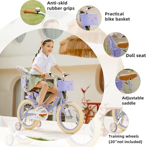 Girls Bike with Basket for Toddlers and Kids Aged 3-14 Years Old, 12 14 16 18 Inch with Training Wheels & Doll Seat, 20 Inch with Kickstand & Rear Rack, Princess Style Bicycle for Gift. in Saudi Arabia