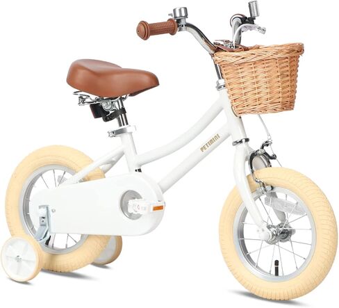 Petimini Vintage Kids Bike for Girls, 12–20 Inch Classic Bicycle with Wicker Basket & Bell, High Tensile Steel Frame, Training Wheels (12–18"), 85% Pre-Assembled, Retro Bike for Outdoor Riding in Saudi Arabia