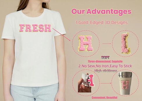 200PCS Self-Adhesive Chenille Patches, Gold Edged Alphabet Letters & 70 Shapes for Clothing, Jackets, Bags - No Sew DIY Crafts (Flower, Star, Heart, Multicolor) (200) in Kuwait