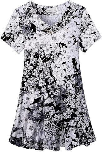 LARACE Plus Size Tunic Tops for Women, Women's Short Sleeve V Neck T Shirts, Loose Fit Summer Clothes, Womens Casual Blouses(Floral Black,M-5XL) in Kuwait