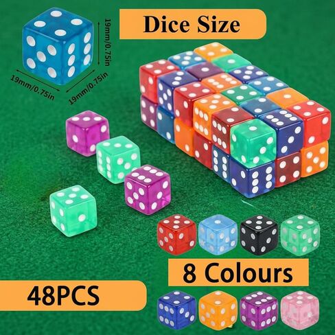 48 Pieces Casino Dice Set: 19mm Large Dices Standard Game Acrylic 8 Sided Colored Dice Bulk for Casino Theme Party Board Games Vegas Birthday Math in Saudi Arabia