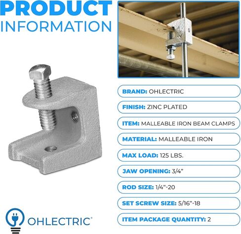 حزمة OHLECTRIC مكونة من قطعتين - مشبك شعاع دعم قضيب حديد قابل للطرق - مطلي بالزنك لمقاومة التآكل - فتحة فك 3/4 بوصة - تدعم مسامير مجموعة 5/16 بوصة - 18 وقضبان 1/4 بوصة - 20 - مُصنفة بسعة تحميل تصل إلى 125 رطلاً in Saudi Arabia