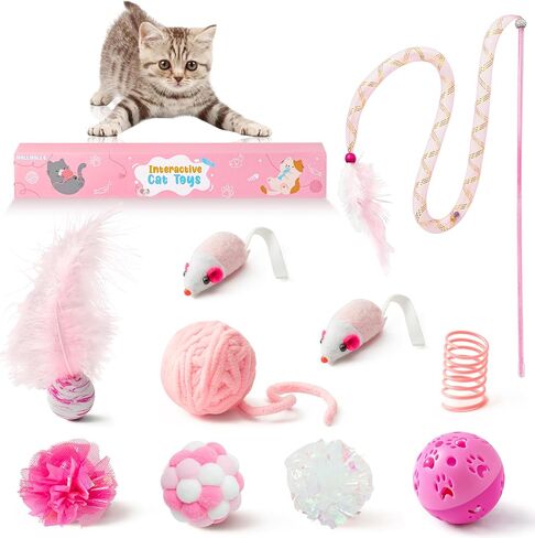 MALLMALL6 Cat Interactive Toys Set - 27Pcs Kitten Toys Stuff Pink Feather Teaser Wand Springs Mice Sisal Fish Crinkle Balls Bell Balls, Puzzle Gift Pack for Indoor Kitty Play Exercise in Saudi Arabia