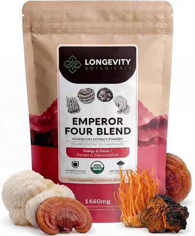 مزيج مكملات الفطر 6 من لونجيفيتي بوتانيكالز - مسحوق مركب الفطر العضوي - عرف الأسد، الريشي، ذيل الديك الرومي، كورديسيبس، تريميلا وشاجا - جسم فاكهي 100% - 3.5 أونصة in Kuwait