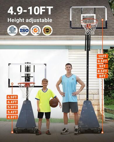 طوق كرة السلة WIN.MAX في الهواء الطلق مع لوحة خلفية مقاومة للكسر مقاس 44 بوصة وقاعدة أكبر، نظام هدف طوق كرة السلة المحمول 4.9FT-10FT قابل للتعديل، للشباب/الكبار في الفناء الخلفي/الممر/جانب حمام السباحة in Kuwait