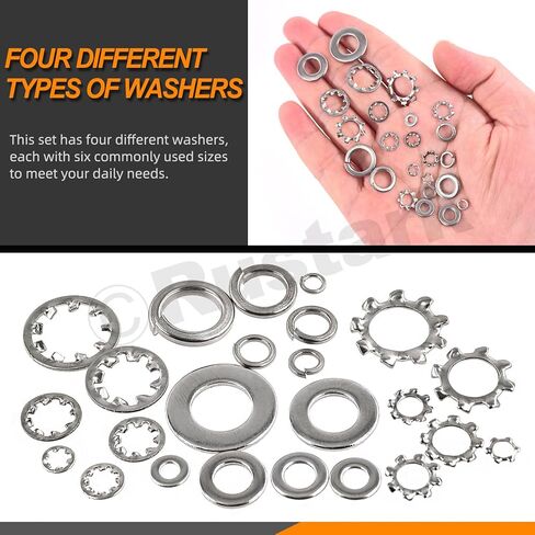 400Pcs 6 Sizes 304 Stainless Steel SAE External & Internal Star Washers & Split Lock Washers & Flat Washer Assortment Kit Spring Lock Washer for Home Industry Construction in Saudi Arabia